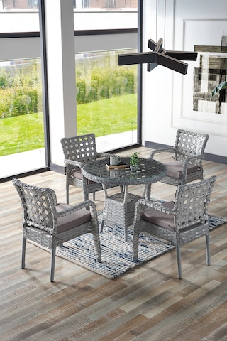 Evdemo Ayaz 4 Kişilik Rattan Bahçe Balkon Mutfak Masa Takımı Açık Gri Açık Gri