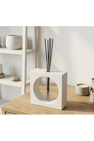 Beyaz Taş Tozu Geometrik Difüzör Ve Vazo Seti - Minimalist Kare Cam Tüp Oda Kokusu Standı Beyaz