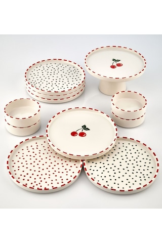 Kitchen Life 11 Parça - 6 Kişilik Cherry Stackable - Kahvaltı Takımı  Kirazlı Kahvaltılık Sunum Tabağı Kırmızı
