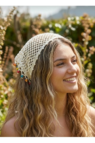 El Örgüsü Saç Bandanası Bohem Stil Kadın Saç Aksesuarı Yazlık Üçgen Kombin Bandana Beyaz