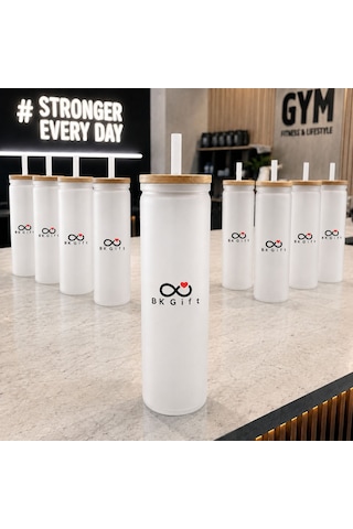 Logonuza Özel 10 Adet Plastik Pipetli Bambu Kapaklı 500 Ml Cam Suluk - Beyaz