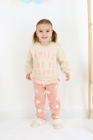 Kız Çocuk Smile And Happy Baskılı Kalın Eşofman Takımı Ekru