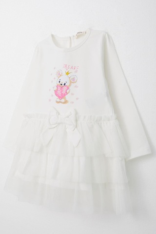 Breeze Kız Bebek Uzun Kollu Elbise Sevimli Kral Tacı Takan Ayıcık Baskılı 9 Ay-3 Yaş, Ekru Ekru
