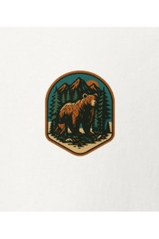 Wildstyle Boz Ayı Renkli Vintage Yaban Hayat Doğa Orman Rozet Baskılı Unisex Bisiklet Yaka Pamuklu Tişört Beyaz