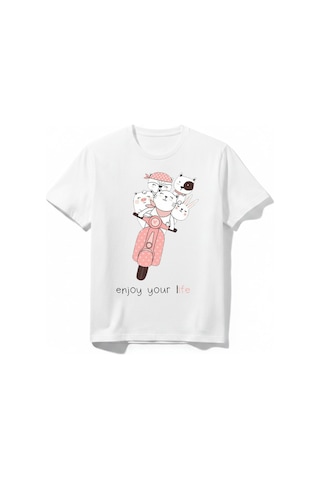 Urbantrendstore Unisex Kız Çocuk Erkek Çocuk Bisiklet Yuvarlak Yaka Basic Kısa Kollu %100 Pamuk Tişört Beyaz