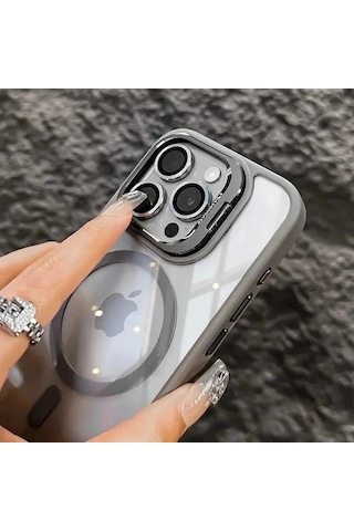 İphone 16 Pro Max Uyumlu Kılıf Klon Stantlı + Lens Korumalı Magsafe Telefon Kılıfı Titanyum