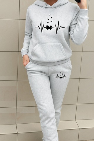 Heart Rhytym Love Baskılı Kapüşonlu Sweatshirt Ve Eşofman Altı Eşofman Takımı Gri