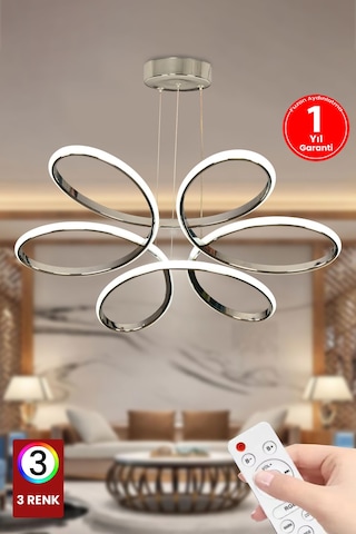 Fuzon 3 Renk Kumandalı Krom Gümüş Salon Led Avize Orkide Ledli Avize Gümüş