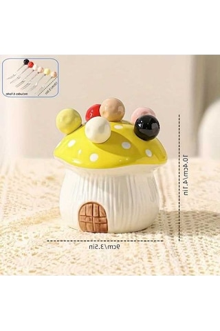 Trendooze Gaojunshop01 7 Parça Sarı Seramik Mantar Pasta Çatal Seti 304 Paslanmaz Çelik Meyve Aletleri Sarı Sarı