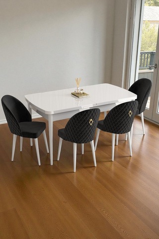 Mura Beyaz 80x132 Açılabilir Mdf Masa Yemek Odası Takımı, Mutfak Takımı 4 Adet Sandalye Siyah