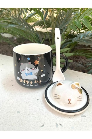 Kawai 3d Kedi Kapaklı Kaşıklı Kupa Bardak Siyah