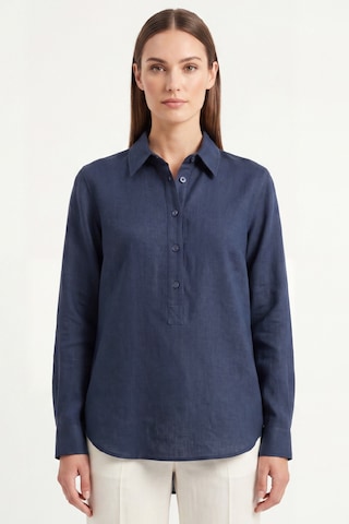 Goffra Kadın Solo %100 Doğal Keten Gömlek -- Klasik Yaka Basic Minimalist Tasarım Lacivert W208-k0401-03