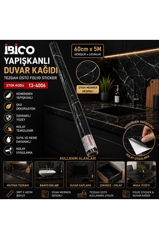 İbico İ13-080 Siyah Mermer Desenli Kendinden Yapışkanlı Folyo Sticker 5m X 60cm