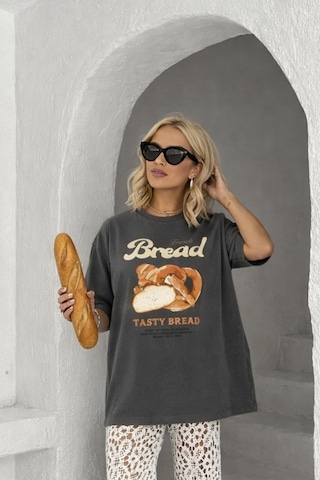 Kadın Premium Kumaş Baskılı Oversize T-shirt Antrasit