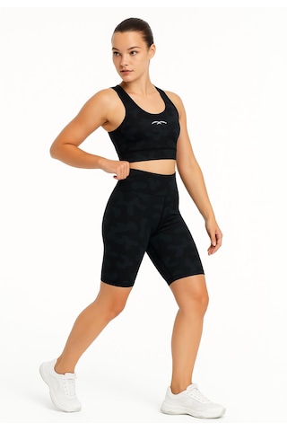 Kadın Siyah Crop Şort Kamuflaj Desenli Takım Baskı Detaylı B2089-d742-1 Siyah - Kamuflaj