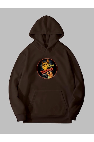 Harmandar Üç İplik Vampurr Kedi Baskılı Unisex Kahverengi Kanguru Cepli Kapüşonlu Sweatshirt Hoodie Vampurrkahverengisweat