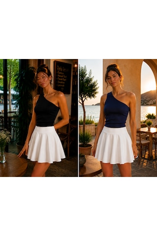 Feyece 2'li Siyah Lacivert Tek Omuz Detaylı Kaşkorse Bluz Crop Lacivert - Siyah