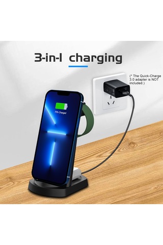 Yifomall Siyah Dikey Kablosuz Şarj Aleti + Telefon Tutucu 3'ü Bir Arada 15w Maksimum Akıllı Saat Ve Kulaklık Desteği
