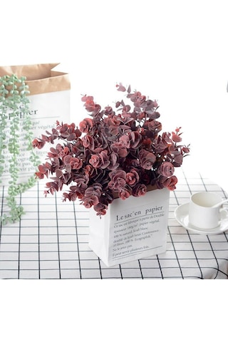 Yapay Çiçek Okaliptus Şimşir Demeti Pudralı Pastel Bordo Garnitür Aradal Dekoratif Yapay Bitki