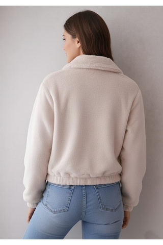 Smalltouch Kadın İç Astarlı Fermuarlı Çift Cepli Crop Bej Peluş Mont Taş