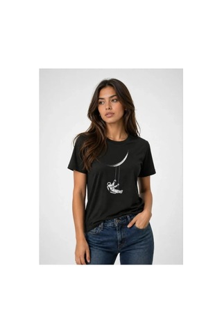 Butik İstanbul Astronot Ay Temalı Tişört Kısa Kol Yazlık Bisiklet Yaka T-shirt - Siyah