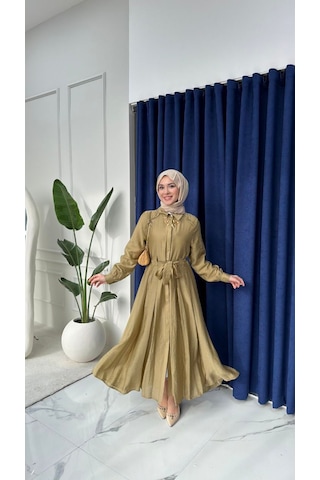 %100 Tensel Kumaş Astarlı Gizli Düğmeli Kuşaklı Elbise 135 Cm Beyaz, Acı Kahve, Mavi, Yağ Yeşili, Açık Sarı, Siyah, Pembe