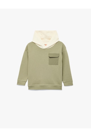 Koton Kapaklı Cep Detaylı Pamuklu Bisiklet Yaka Uzun Kollu Kapşonlu Sweatshirt Haki 7wmb10017tk