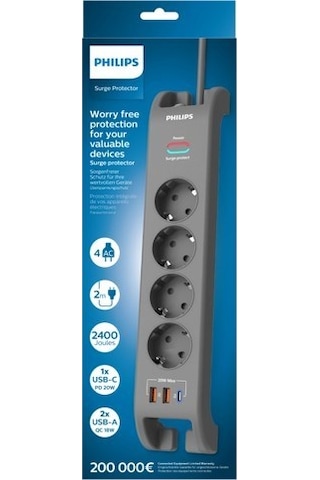 Philips Spn4140ga Akım Korumalı Priz 4'lü + 2x Usb-a 18w + 1x Usb-c 20w - 2m Kablo