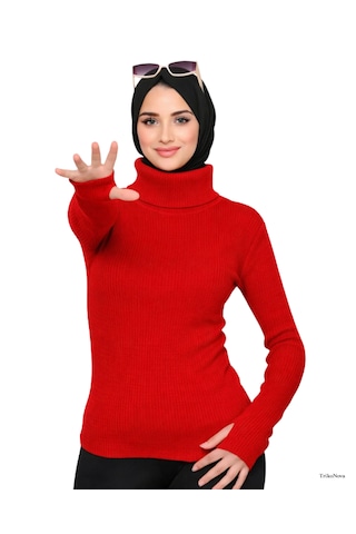 Trikonova Balıkçı Yaka Parmak Detaylı Kırmızı