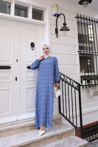 Nevayla Moda Çiçek Desenli Viskon Elbise - Mavi / E0128 Mavi