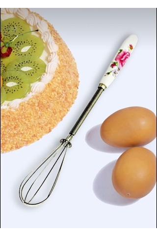 Porselen Saplı Metal Mini Çırpıcı 20 Cm El Çırpıcısı, Mutfak Karıştırma Teli Beyaz