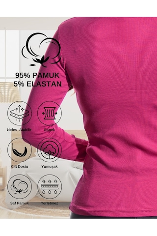 Alya Underwear Pamuklu Kaşkorse V Yaka Body Sweatshirt, Fitilli Kumaş Likralı Bluz, Asker Yeşili Badi Fuşya Melanj