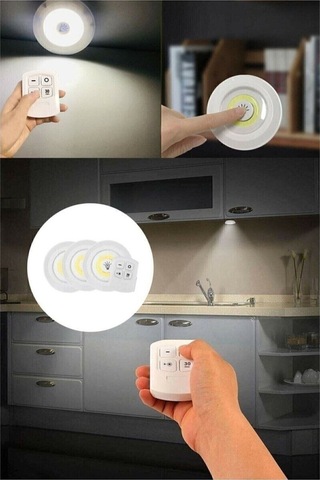 Uzaktan Kumandalı 3 Lü Spot Led Lamba Kablosuz Pilli Işıldak Dolap Işığı Mutfak Rafı Işığı Beyaz