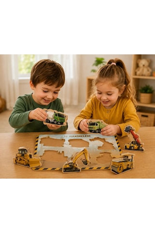 İş Makineleri Ahşap Yapboz Puzzle Oyunu 30x20 Cm Beyaz Mdf Eğitici Çocuk Puzzle