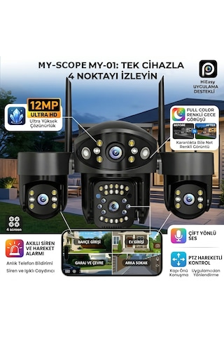 Myscope My-01 12mp 4 Lens Wifi Güvenlik Kamerası 4 Ekran İzleme, Ptz Hareketli Kamera, Renkli Gece Görüşü, Siren Alarm, Hieasy Uygulama Destekli Dış Mekan Ip Kamera