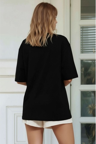 Mamayaga Kadın Bisiklet Yaka Yarım Kol Basic Pamuk Düz Cep Örgü Curve Büyük Beden Tshirt Siyah 54 - 56
