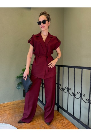 Ali Butik Bordo Kuşaklı Keten Yelekli Takım