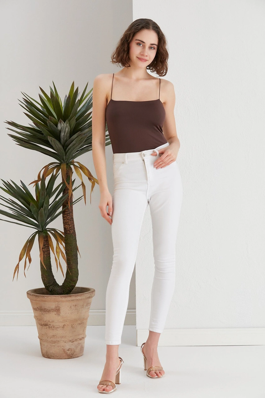 Mamayaga Kadın Çıtçıt Zıbınlı Vücudu Saran Bodysuit Spor Şık Askılı Bluz Kahverengi