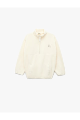 Koton Uzun Kollu Cep Detaylı Baskılı Yarım Fermuarlı Polar Sweatshirt Ekru 6wkg10147ak Ekru
