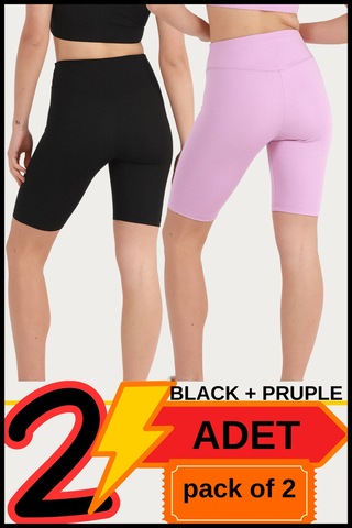 Kadın Yüksek Bel Toparlayıcı Kısa Siyah & Lila Şort Tayt 2'li Paket Lycralı Biker Shorts 21070 Siyah - Lila