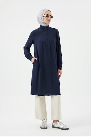 Armine Trend Yarım Fermuarlı Kolları Lastikli Çilek Kumaş Tunik Lacivert 26yt462