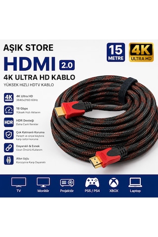 Hdmı 2.0 Kablo 15 Metre Örgülü Altın Uçlu 4k Ultra Hd 18gbps Hdr Yüksek Hızlı Tv Monitör Projeksiyon Ps5 Xbox Laptop