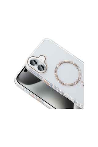 Apple Uyumlu iPhone 16 Pro Kılıf Taşlı Tasarım M-safe Şarj Özellikli Mkst Koment Silikon Kapak - Gold Altın
