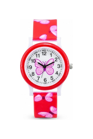 Kelebek Desenli Kırmızı Kız Çocuk Kol Saati Analog Saat St-304422 Beyaz