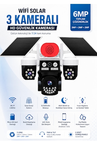Linadex Lx-0991 Wifi Solar 3 Kameralı Hd Güvenlik Kamerası-çift Solar
