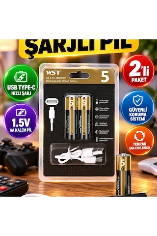 Usb Type-c Şarjlı Aa Kalem Pil 1.5v Lityum Hızlı Şarj 2 Li Paket