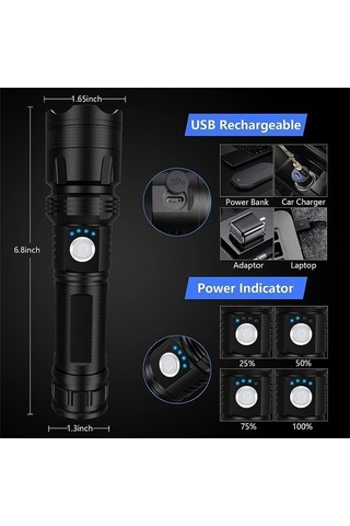 Ulzyvf Createtech Zoomlanabilir, Yürüyüşü, Yüksek Yüksek Xhp50.2 Taktik Su Siyah Şarj Mod, Lumen, Kamp Işıkları, Ipx7 İçin Güçlü Geçirmez Fener, Dağ Acil Durumlar İçin 90000 Lümen, Mf Siyah Siyah