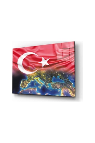 Türk Bayrağı Ve Dünya Haritası Cam Tablo