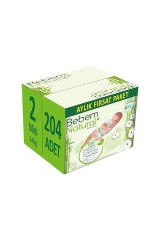 Bebem Bebek Bezi Natural Beden:2 3-6kg Mini 204 Adet Aylık 2 Numara