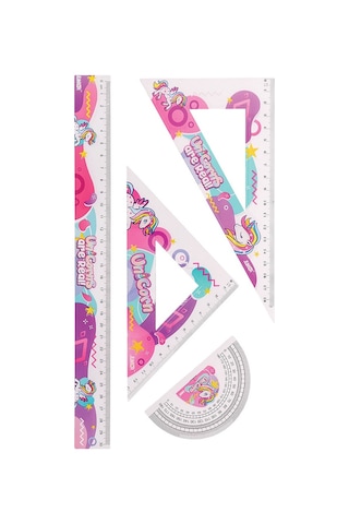 Unicorn Cetvel Takımı 30 Cm 1 Paket Cetvel Gönye İletki Şeffaf Çizim Takımı Pergelli Çizim Seti 4 Parça Kız Çocuk Çok Renkli